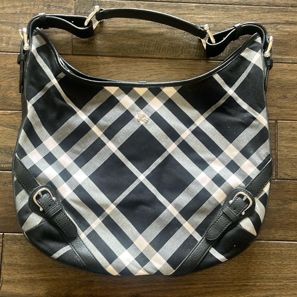 Burberry Black/White Nova Check Canvas And Leather Buckle Hobo
